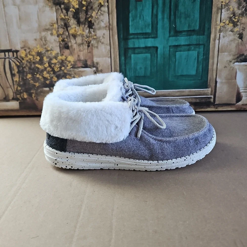 Hey Dude Britt Winter Boots Womens 8 Faux Fur Comfort Moc Toe Gray 121774000